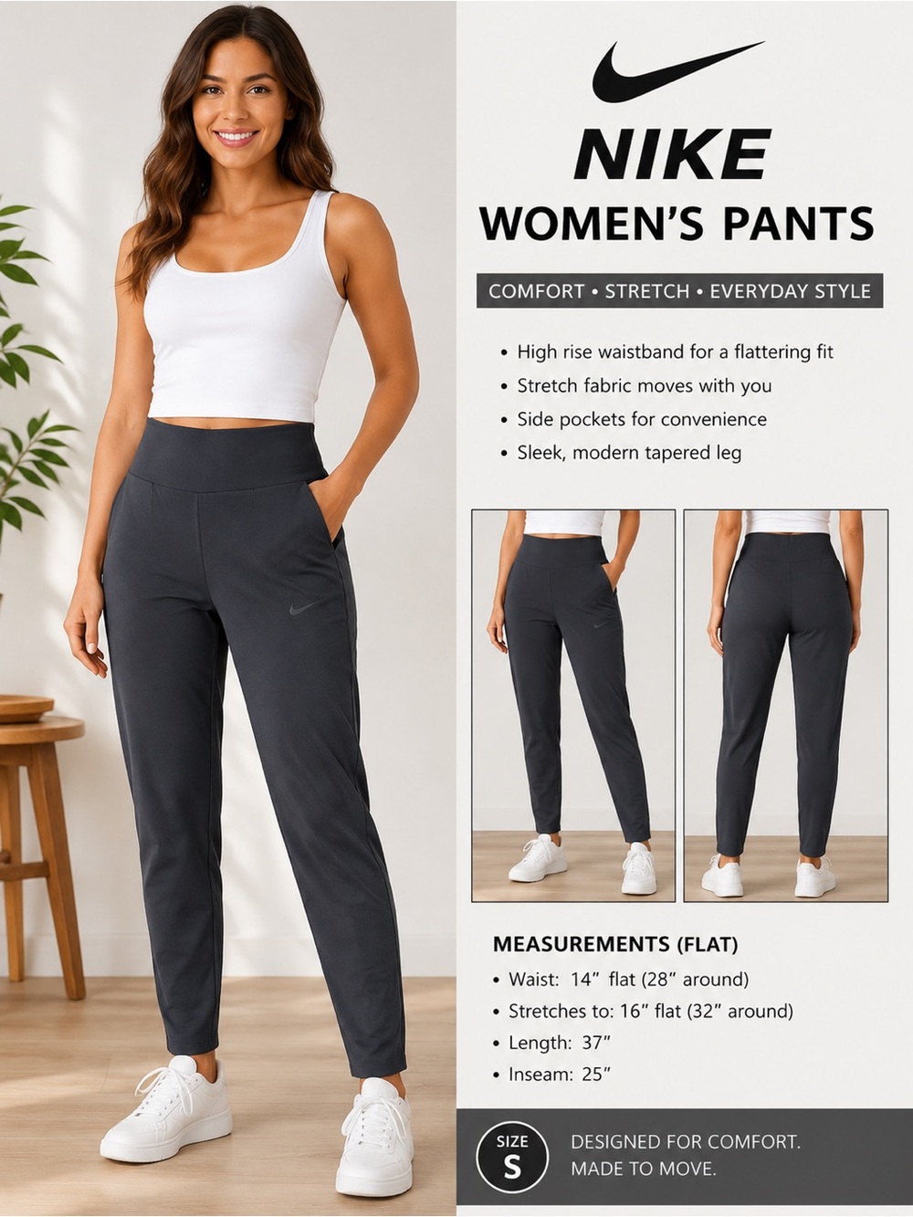 Nike Women’s Black Stretch Pants High Rise Pull On Athletic Size Small